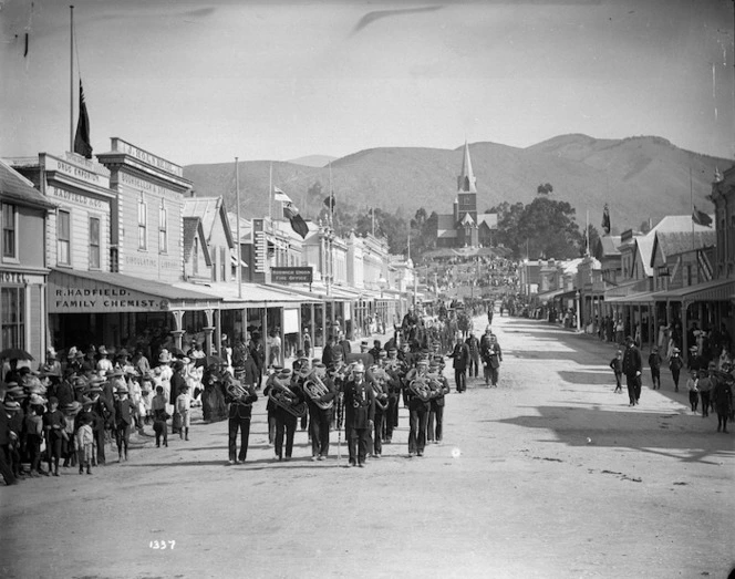 Funeral procession for Captain William Lightfoot on Trafalgar Street, Nelson