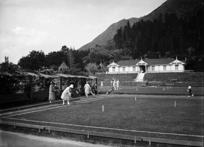 Croquet lawns and the Cadman thermal bathhouse, Te Aroha Domain