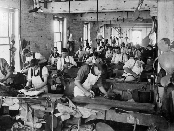 Men working at Wiseman's Saddlery and Harness Company in Auckland