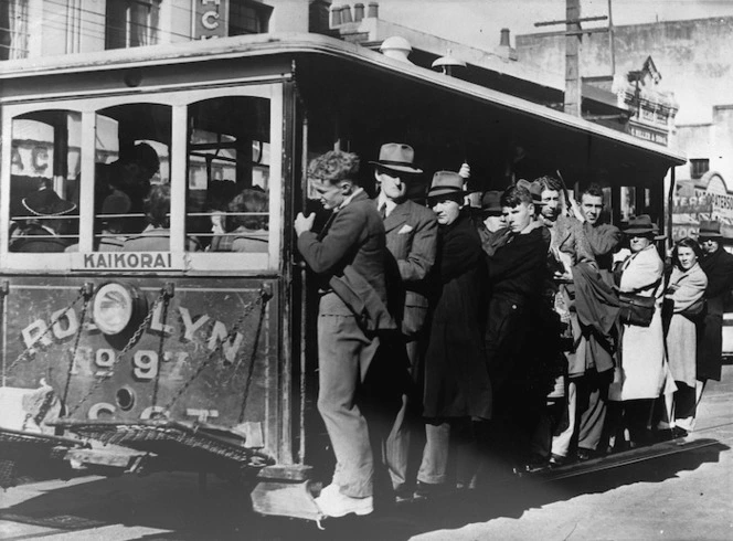 Cable car and passengers at Kaikorai, Dunedin