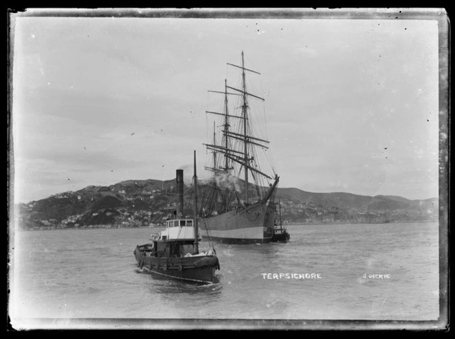 Ship Terpsichore, and tugs, in Wellington Harbour