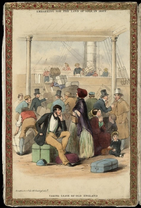 Noyce, Edward, 1816-1854: Embarking for the land of gold in hope. Taking leave of old England. [/ E. Noyce]. 68 Basinghall Street [London?], Bauerricher & Co, [Between 1852 and 1860]