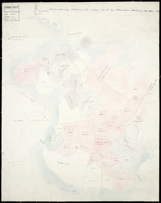 [Nixon, Marmaduke George (Lieutenant Colonel), 1814?-1864] :[Map showing sections and Native land on Manukau Harbour] [ms map]. [186-]