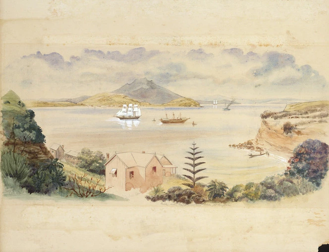 [Warre, Henry James] 1819-1898 :Auckland harbour Commercial Bay (Beach Rd) Oct 1864. Hulk with Maori prisoners taken at Rangiriri. Mr Jones' house.