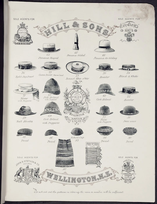 Charles Hill & Sons Ltd :Hill & Sons, sole agents for Henry Heath London; Woodrows Hats; John Stetson & Co Philad[elphi]a; James E Mills London. [Catalogue page [4]. helmets, puggarees, tweed caps, panamas, boaters, etc. 1897]