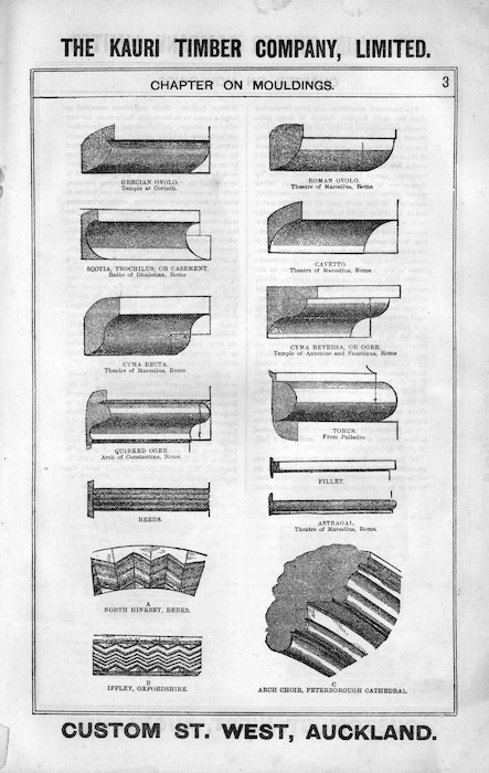 The Kauri Timber Company Ltd (Auckland Office) :Chapter on mouldings. [Catalogue. Page 3. ca 1906].