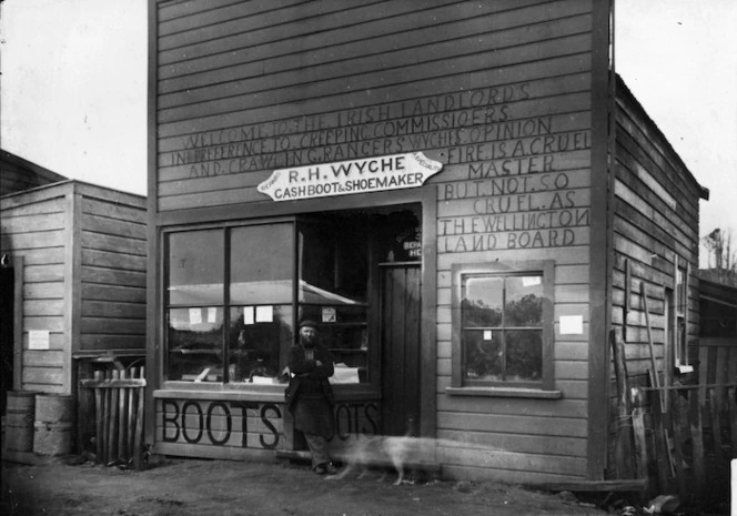 R H Wyche's shoemaking shop and sign, in Wellington