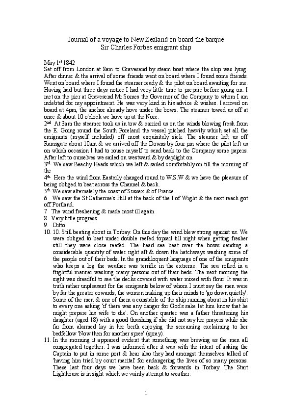 Kater, William Henry, b 1816 : Journal of a voyage to New Zealand on board the barque Sir Charles Forbes / transcribed by Marsha Donaldson (electronic transcription of MS-Papers-2617)