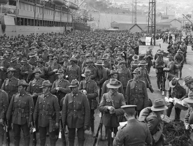 World War 1 troops waiting to embark, Lyttelton wharves