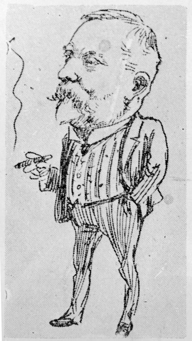 Photograph of a cartoon drawing depicting Harold Beauchamp by W Blomfield