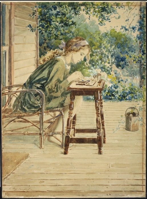 Hay-Campbell, Charles Duncan, 1867-1936 :Averil Margaret Lysaght on Punarima [Mokoia] verandah.