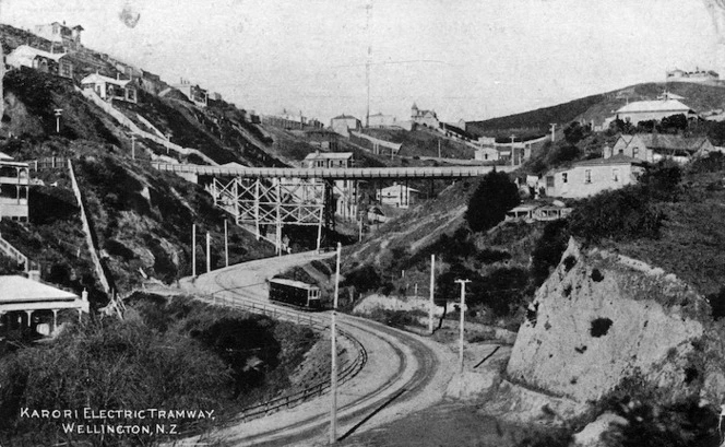 [Postcard]. Karori Electric Tramway, Wellington, N.Z. [1908].