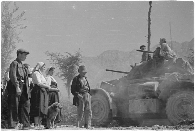 New Zealand armoured car and Italian refugees, Italy, during World War 2