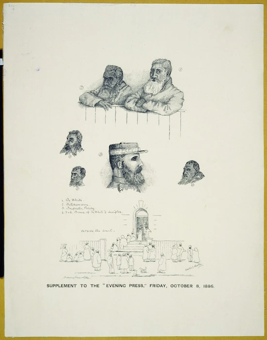 Leslie, Walter Jefferson, 1855-1915 :[The trial of Te Whiti]. [Wellington] The Evening Press, 1886