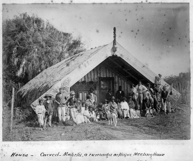 Group outside the meeting house at Maketu Pa, Bay of Plenty