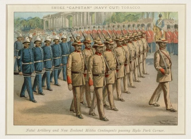 Artist unknown :Natal artillery and New Zealand militia contingents passing Hyde Park Corner [London? 1901?]