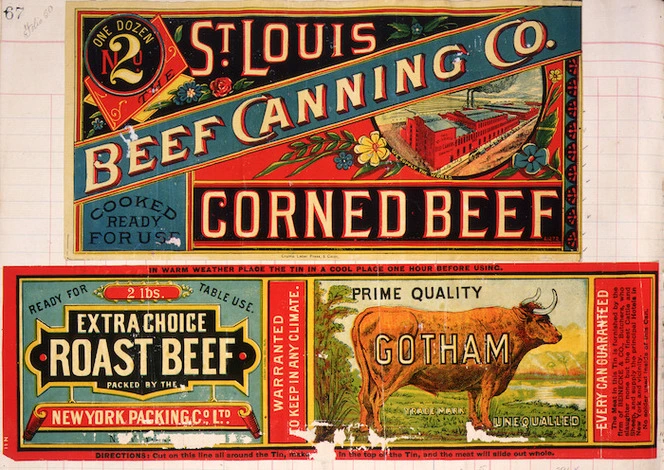 [Two labels] :St Louis Beef Canning Co. Corned beef, cooked ready for use. Crump Label Press, 5 color; [and] New York Packing Co Ltd. Extra choice roast beef, ready for table use. Prime quality Gotham. [1890-1920?]