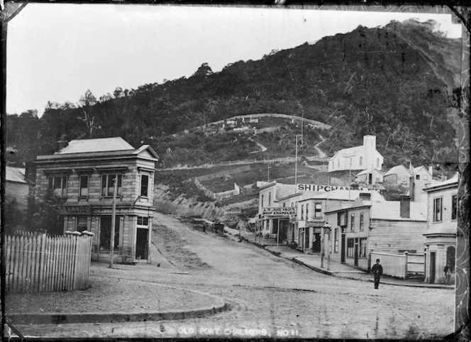 Street scene at Port Chalmers, in the 1870s. Upper Mount Street.