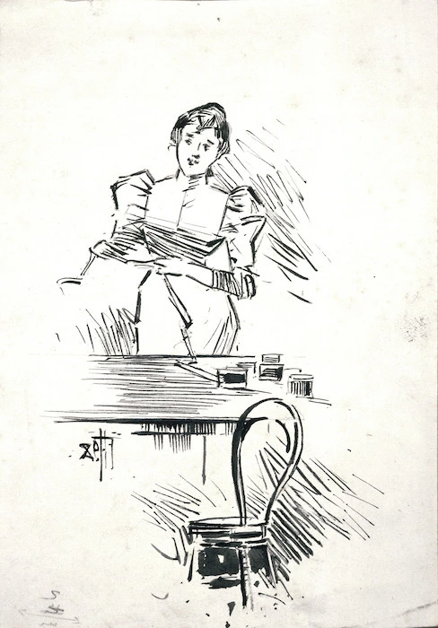 Hodgkins, Frances Mary 1869-1947 :Back to the humdrum life of a Dunedin shopgirl [illustration for] "How I became a farmer's wife" 1898