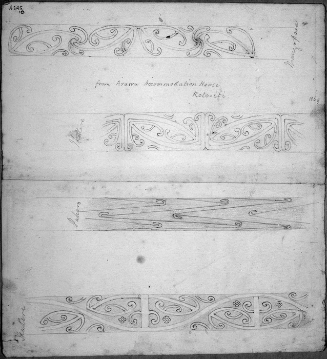 [Richmond, James Crowe] 1822-1898 :[Rafter patterns] from Arawa accommodation house, Rotoiti. 1868