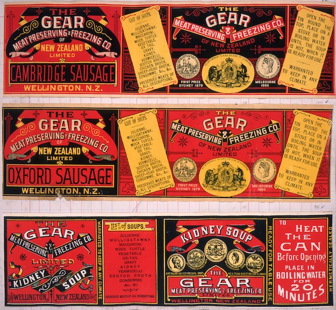 Gear Meat Company :[Three labels for Cambridge sausage; Oxford sausage; and, Kidney soup]. Gear Meat Preserving & Freezing Company of New Zealand, Wellington New Zealand. [1890-1920].
