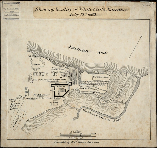Gordon, William Francis Robert, d. 1936 :Showing locality of White Cliffs massacre, Feby. 13th. 1869. [ms map]. W. F. Gordon, delt., [1869]