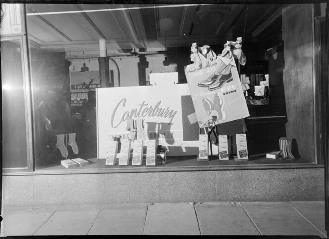 Shop window with Canterbury brand socks & shirts