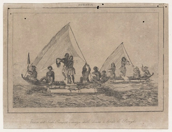 [Postels, Aleksandr], 1801-1871 :Veduta dell'Isola Punipet e danza delle donne a bordo le piroghe. [1826-1829. 1838-1843].