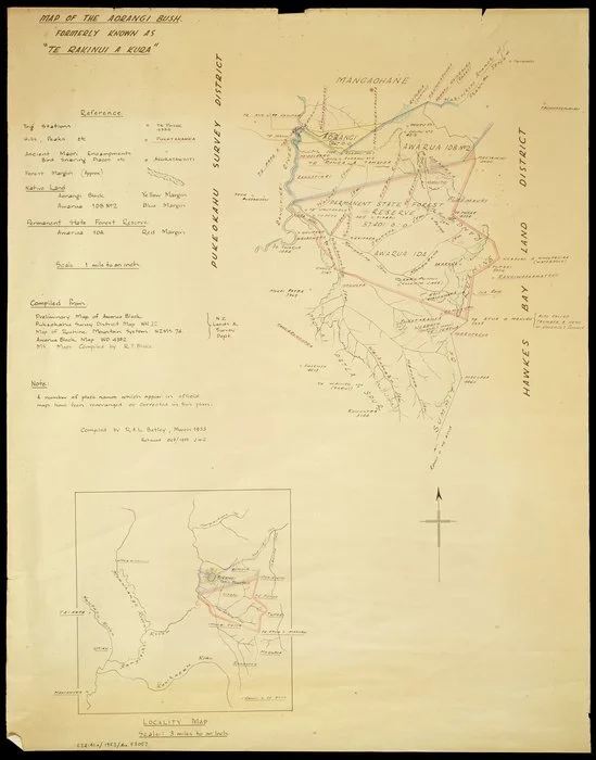 Batley, Robert Anthony Leighton, 1923-2004: Map of the Aorangi Bush formerly known as "Te Rakinui a kura" [ms map]. 1953
