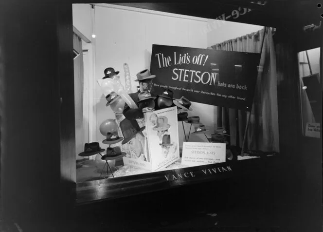 Hat display in window at Vance Vivian, Wellington