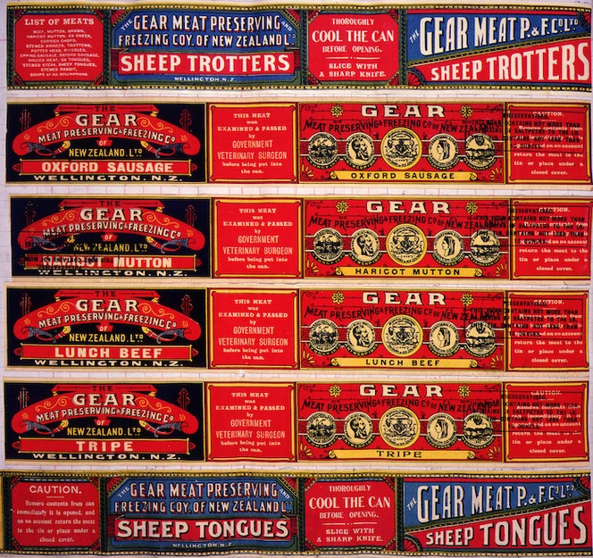 Gear Meat Company :[Six labels for Sheep trotters; Oxford sausage; Haricot mutton; Lunch beef; Tripe; and, Sheep tongues]. Gear Meat Preserving & Freezing Company of New Zealand, Wellington New Zealand. [1890-1920].