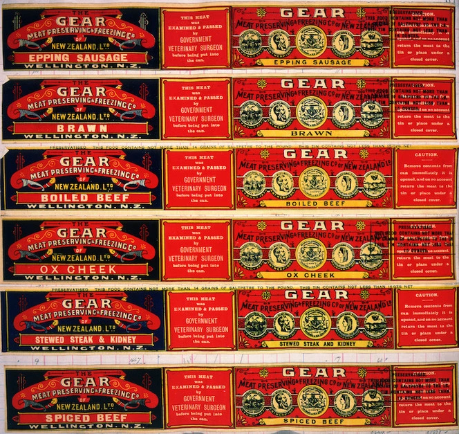 Gear Meat Company :[Six labels for Epping sausage; Brawn; Boiled beef; Ox cheek; Stewed steak and kidney; and, Spiced beef]. Gear Meat Preserving & Freezing Company of New Zealand, Wellington New Zealand. [1890-1920].