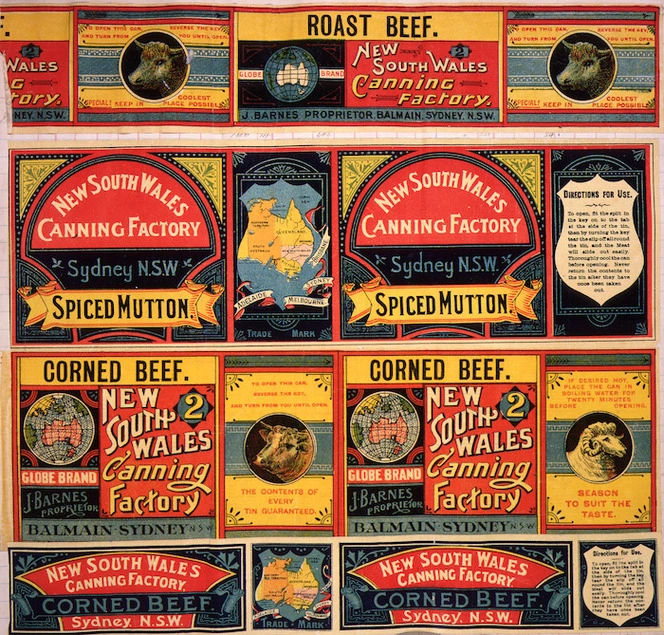 New South Wales Canning Factory :[Labels for Roast beef; Spiced mutton; and, Corned beef (two different). 1890-1920?]