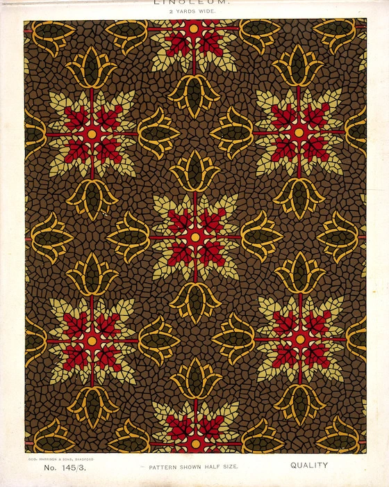 George Harrison & Co (Bradford) :Linoleum, 2 yards wide. [Victorian formal mosaic floral pattern]. No. 145/3. Pattern shown half size. [1880s?]