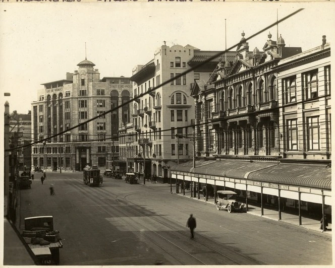 View of businesses in Lambton Quay, Wellington