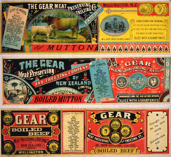 Gear Meat Company :[Three labels for Mutton; Boiled mutton; and, Boiled beef]. Gear Meat Preserving & Freezing Company of New Zealand, Wellington New Zealand. [1890-1920].