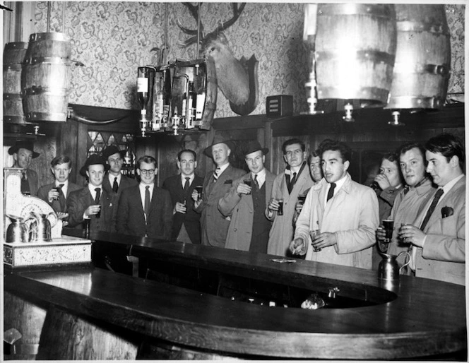 Isaacs, Clarke :Group at farewell to Otago Daily Times cartoonist Keith Waite, in Broadway Hotel, Dunedin