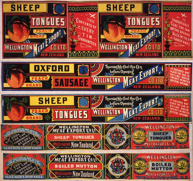 Wellington Meat Export Co Ltd :[Five canned meat labels, for Sheep tongues (three different); Oxford sausage; and, Boiled mutton. 1890-1920].