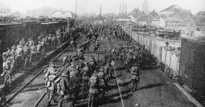 Photograph of troops detraining at Poperinghe