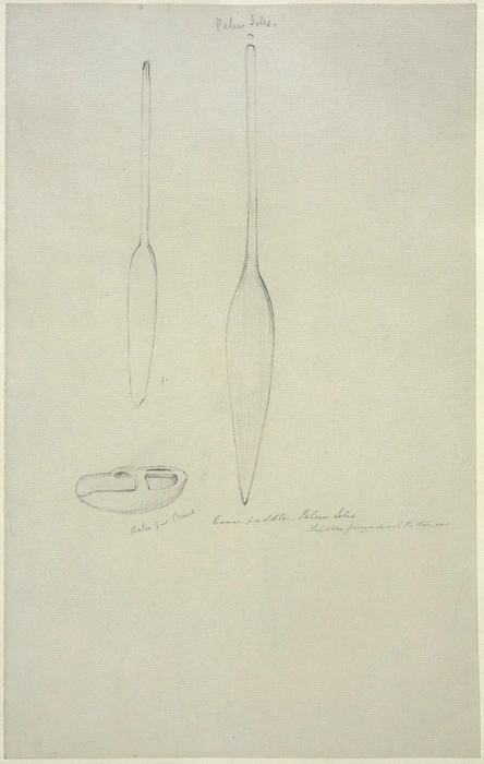 [Angas, George French] 1822-1886 :Canoe paddle, Pelew Isles - they steer forward with the other oar; Baler for canoe [Between 1844 and 1860]