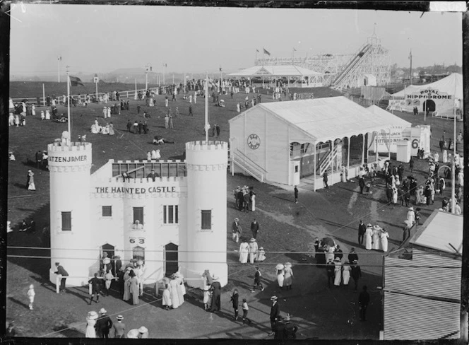 View of Wonderland showing the Haunted Castle and Roller Coaster, Auckland Exhibition, Auckland Domain
