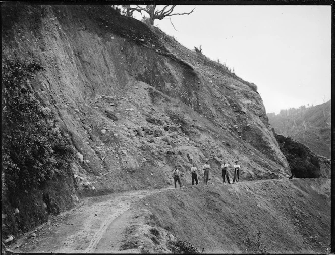 Road at Akatarawa, and road construction workers