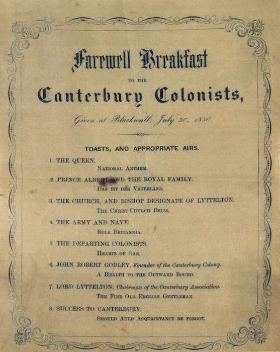 Farewell breakfast to the Canterbury colonists, given at at Blackwall, July 30, 1850. Toasts and appropriate airs. [List. 1850].