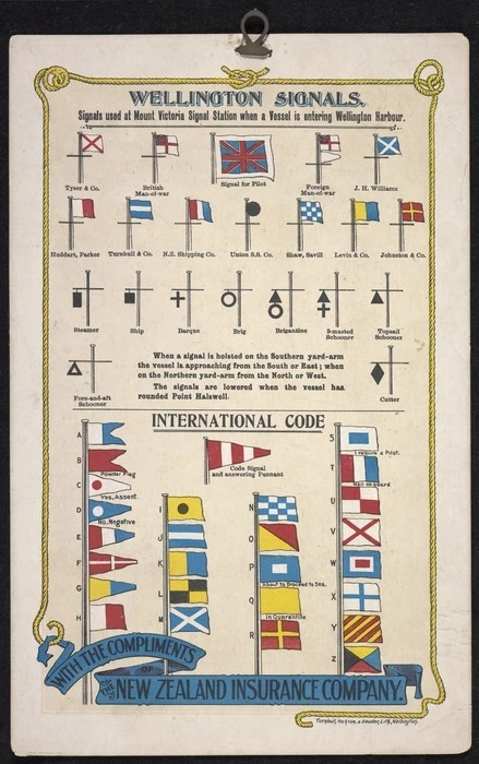 New Zealand Insurance Company: Wellington signals; signals used at Mount Victoria Signal Station when a vessel is entering Wellington Harbour. With the compliments of the New Zealand Insurance Company. Turnbull, Hickson & Gooder, lith., Wellington [ca 1909]