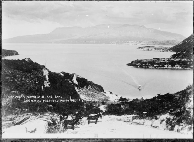 Ferry approaching the wharf, Lake Tarawera - Photograph taken by Cromwell Shepherd