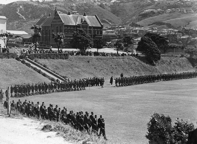 Creator unknown : Photograph of teachers and school cadets at Wellington College, marching past the visiting Duke of Gloucester