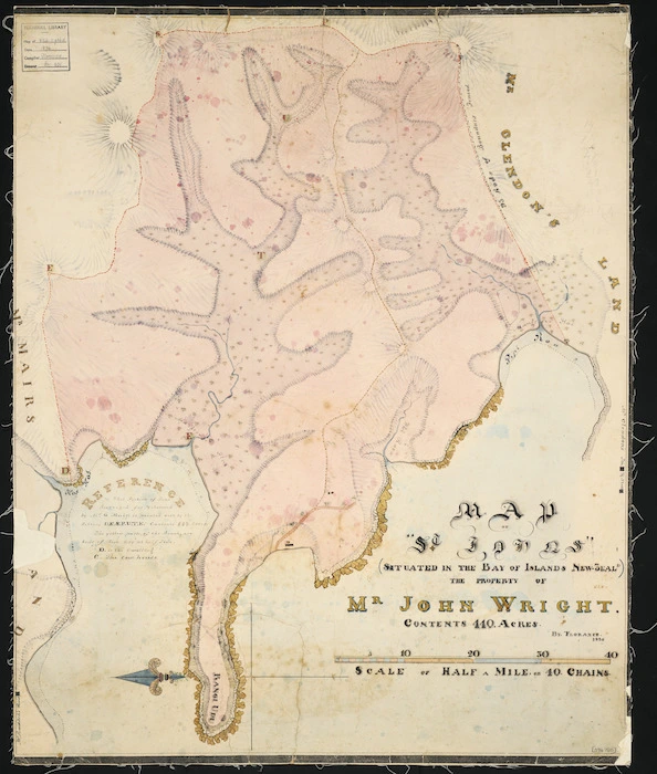 Florence, T., 1783-1867 :Map of St Johns (situated in the Bay of Islands, New Zeald.) the property of Mr. John Wright [ms map]. By Florence, 1836.