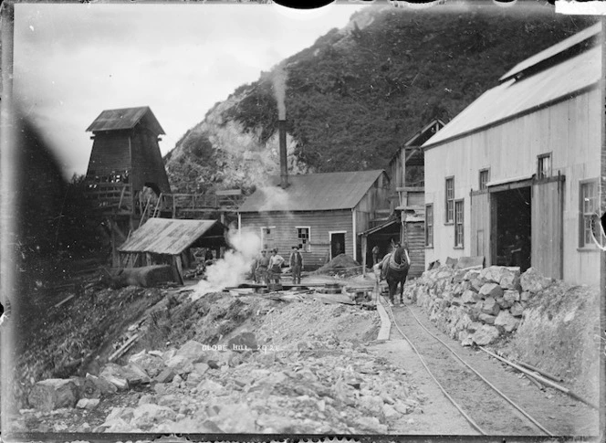 View of the Globe Hill Mine, near Reefton, Inangahua County