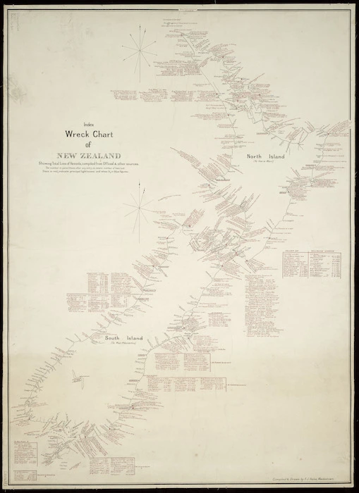 Halse, Frederick James, 1863-1936: Index wreck chart of New Zealand [ms map]. Showing total loss of vessels, compiled from official and other sources, Compiled & drawn by F. J. Halse, Wadestown, [1936]