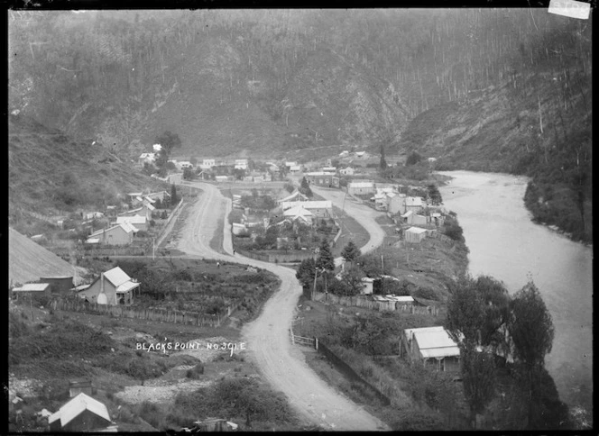 View of Blacks Point, a gold-mining settlement on the Inangahua River